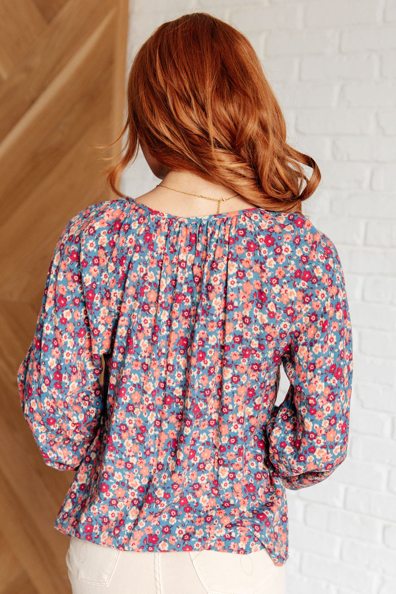 Hazel Blues® |  Sunday Brunch Blouse in Denim Floral