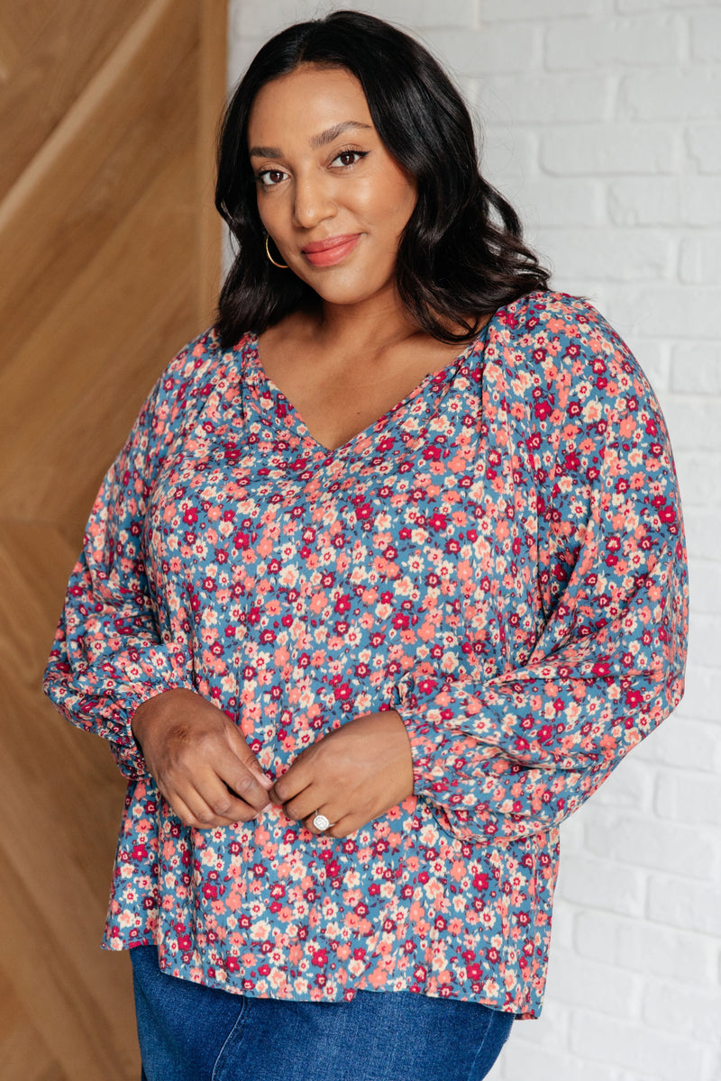 Hazel Blues® |  Sunday Brunch Blouse in Denim Floral