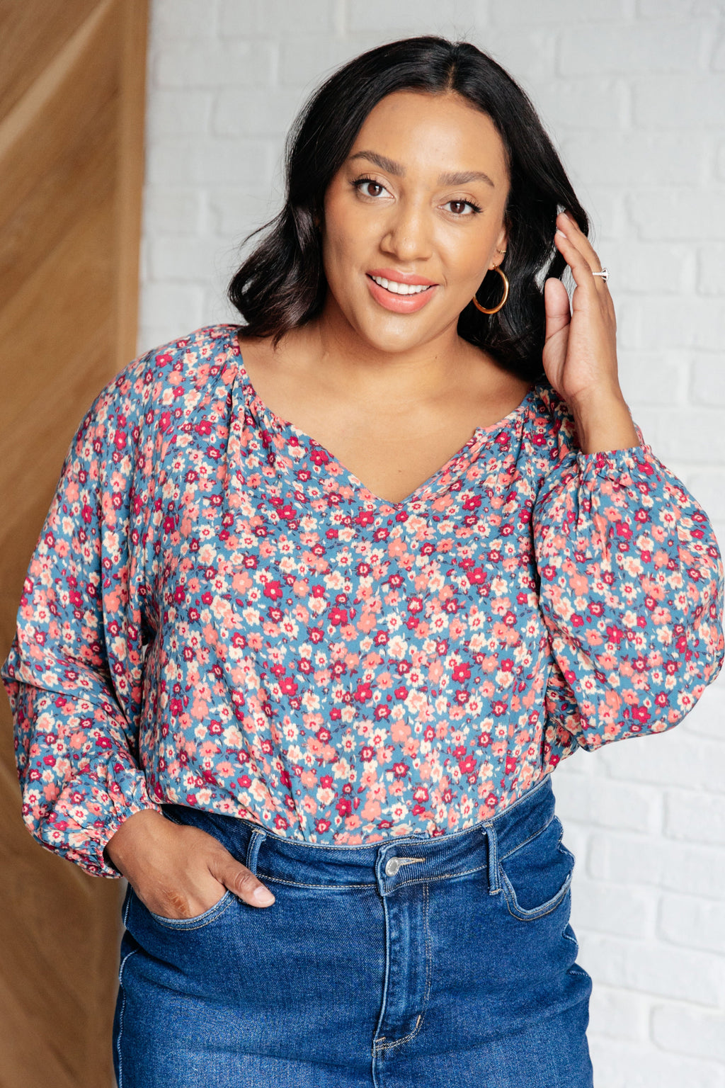 Hazel Blues® |  Sunday Brunch Blouse in Denim Floral