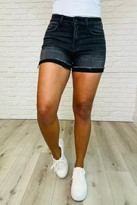 Hazel Blues® |  Sunset Stroll Distressed Hem Shorts in Washed Black