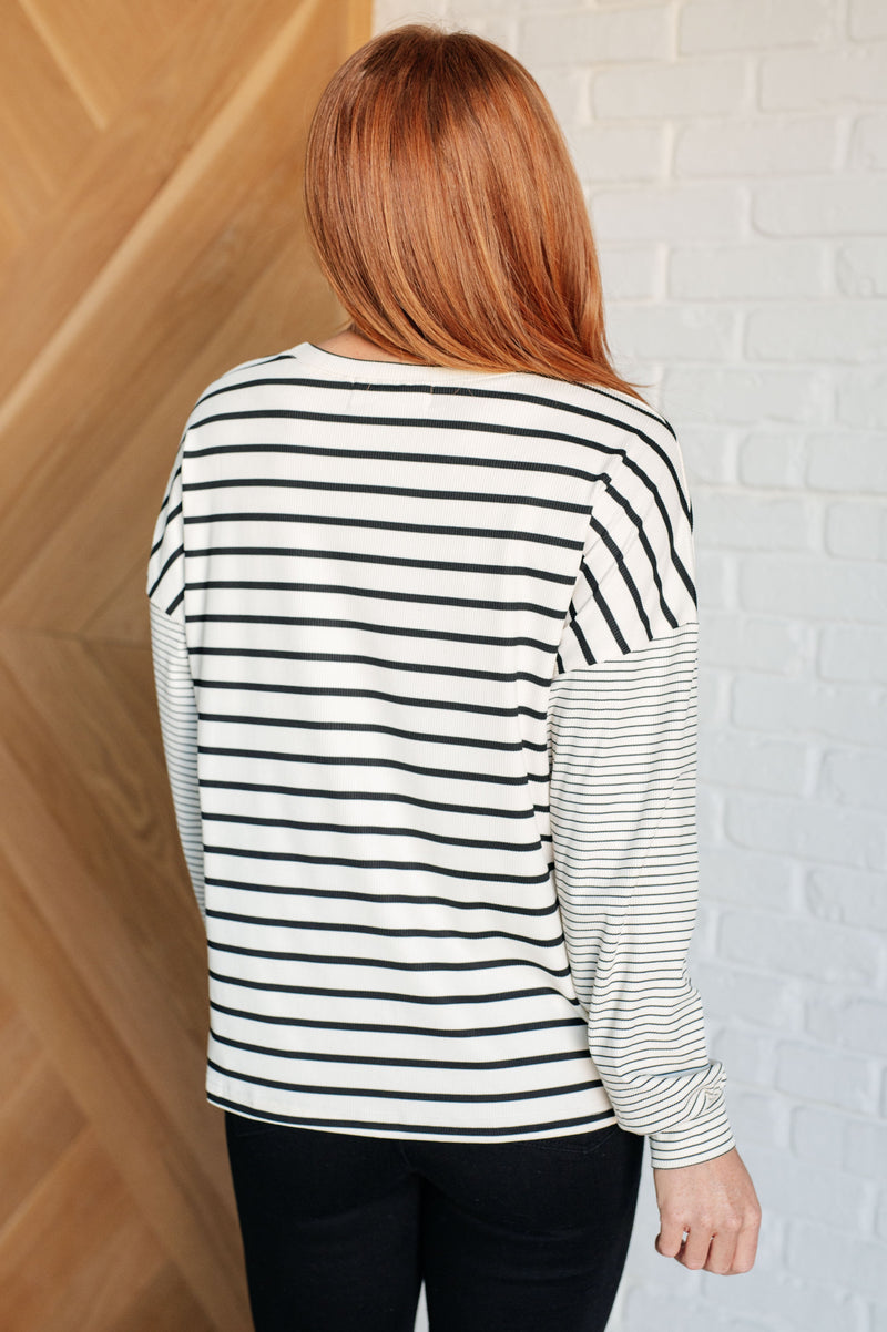 Hazel Blues® |  Super Clever Patchwork Striped Top in Ivory