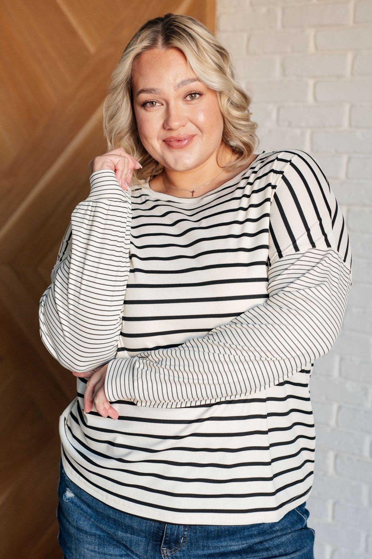 Hazel Blues® |  Super Clever Patchwork Striped Top in Ivory