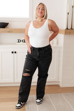 Hazel Blues® |  Susannah High Rise Rigid Magic 90's Distressed Straight Jeans in Black
