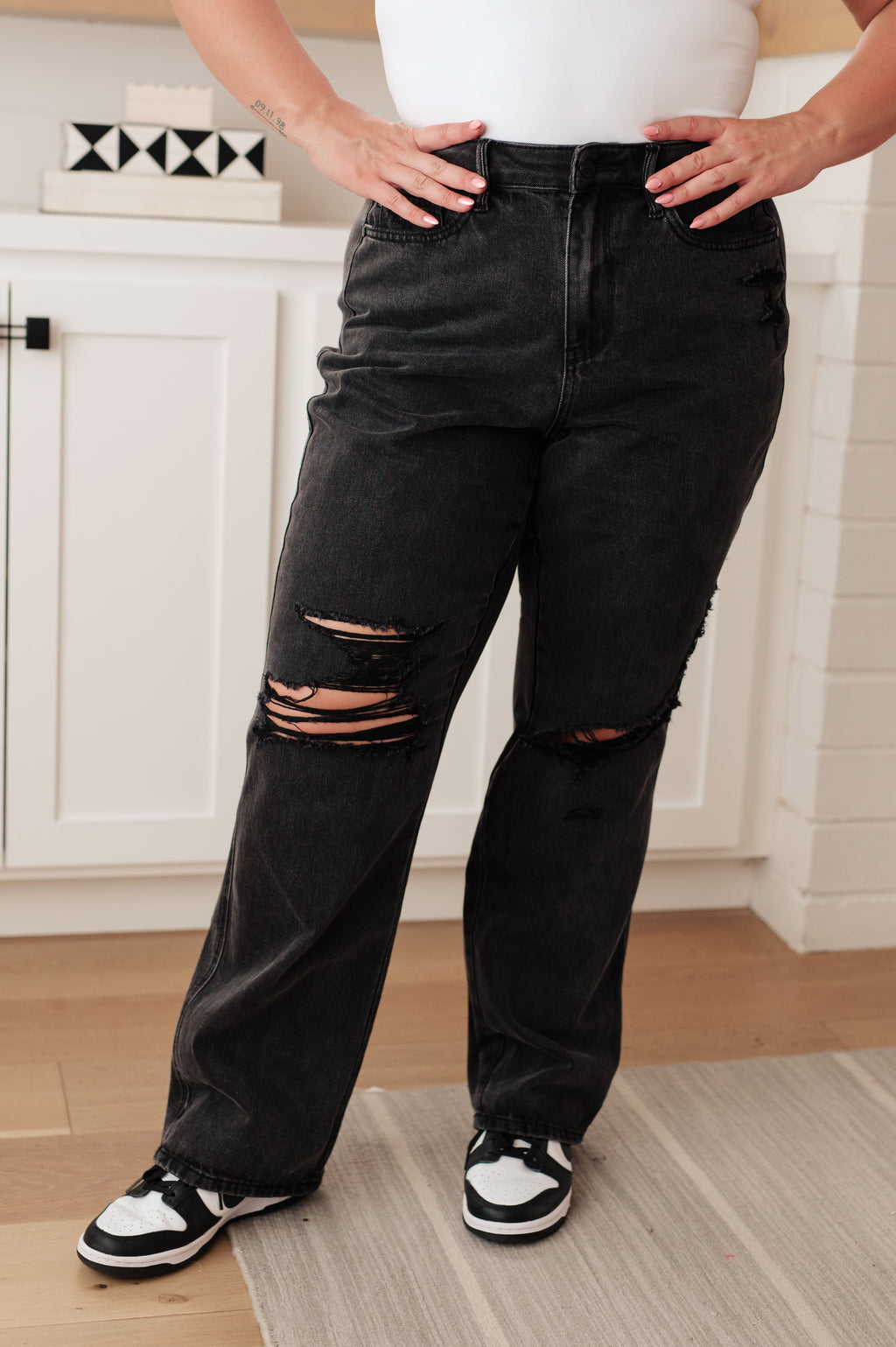 Hazel Blues® |  Susannah High Rise Rigid Magic 90's Distressed Straight Jeans in Black