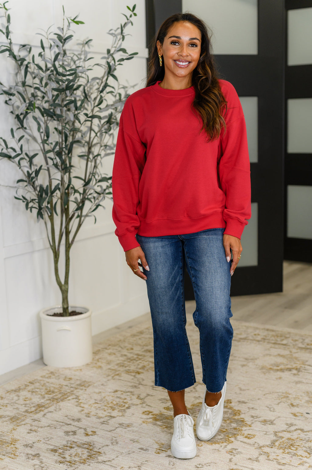 Hazel Blues® |  Sweet with a Side Eye Drop Shoulder Pullover in True Red