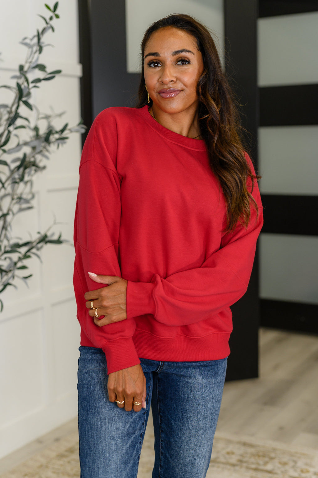 Hazel Blues® |  Sweet with a Side Eye Drop Shoulder Pullover in True Red