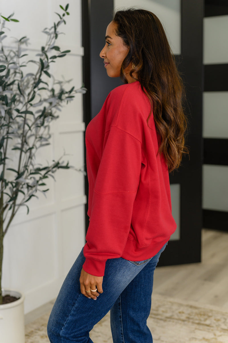Hazel Blues® |  Sweet with a Side Eye Drop Shoulder Pullover in True Red