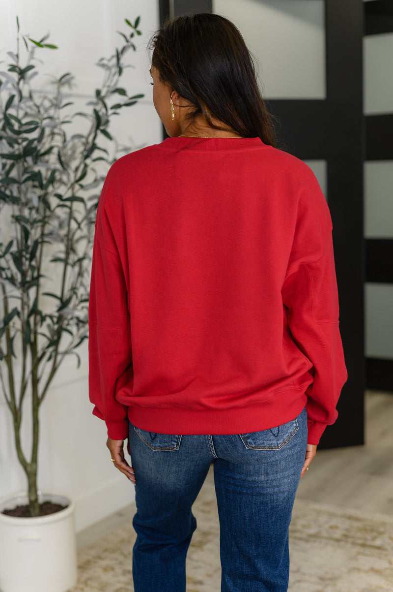 Hazel Blues® |  Sweet with a Side Eye Drop Shoulder Pullover in True Red