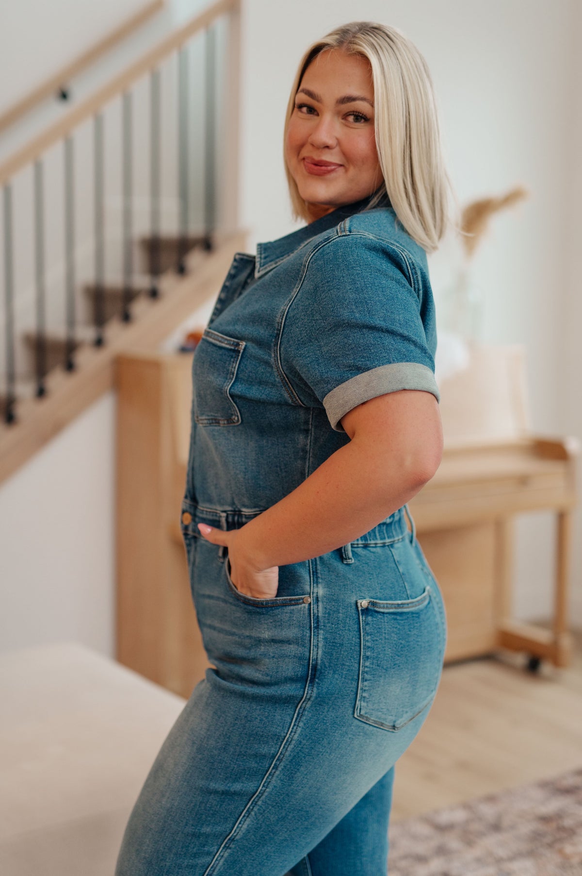 Hazel Blues® |  Sylvia Short Sleeve Denim Jumpsuit