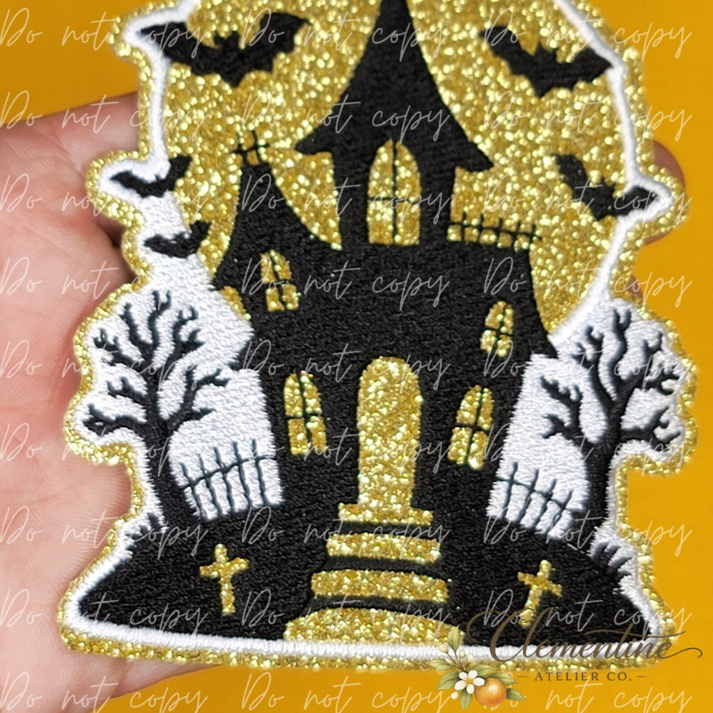 Haunted House Gold Glitter Backing w/Embroidered Iron-on Patch