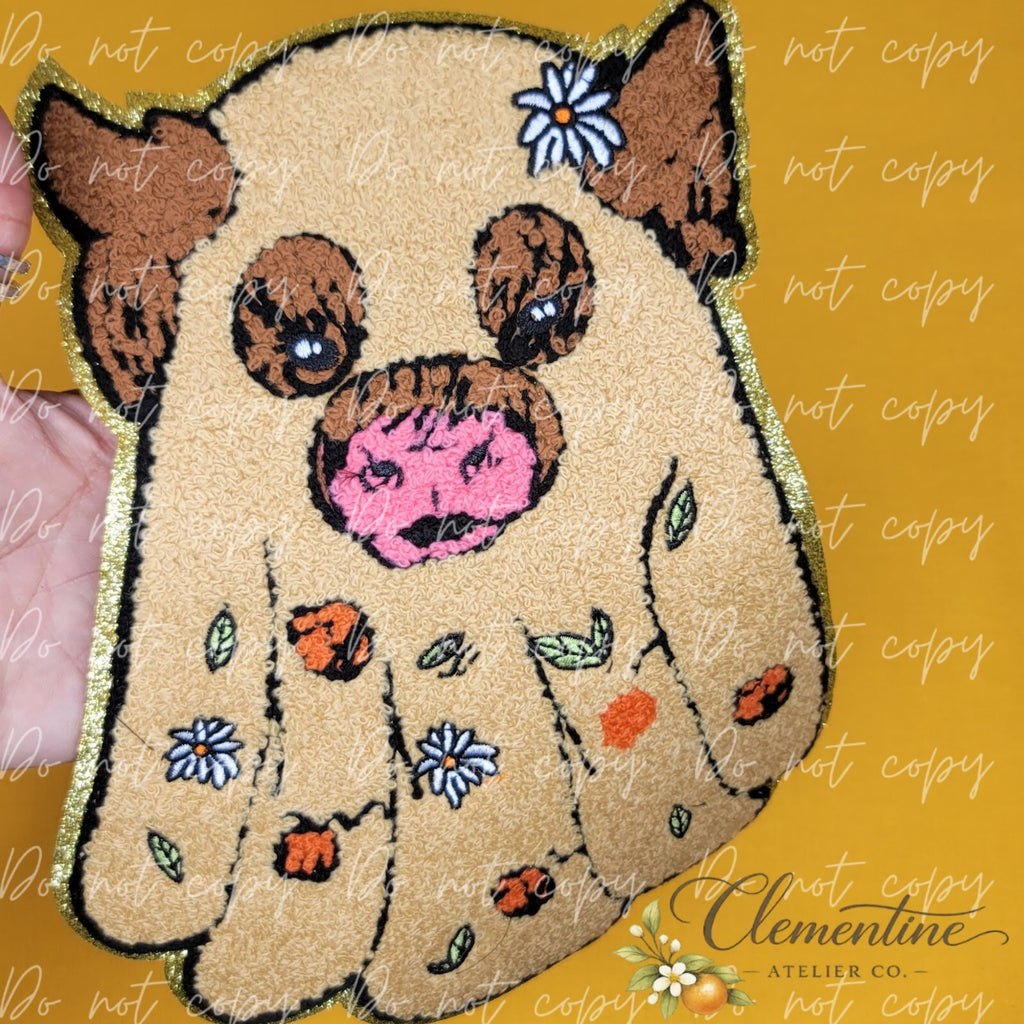 Highland Cow Ghost Chenille Western Halloween Iron-on Patch