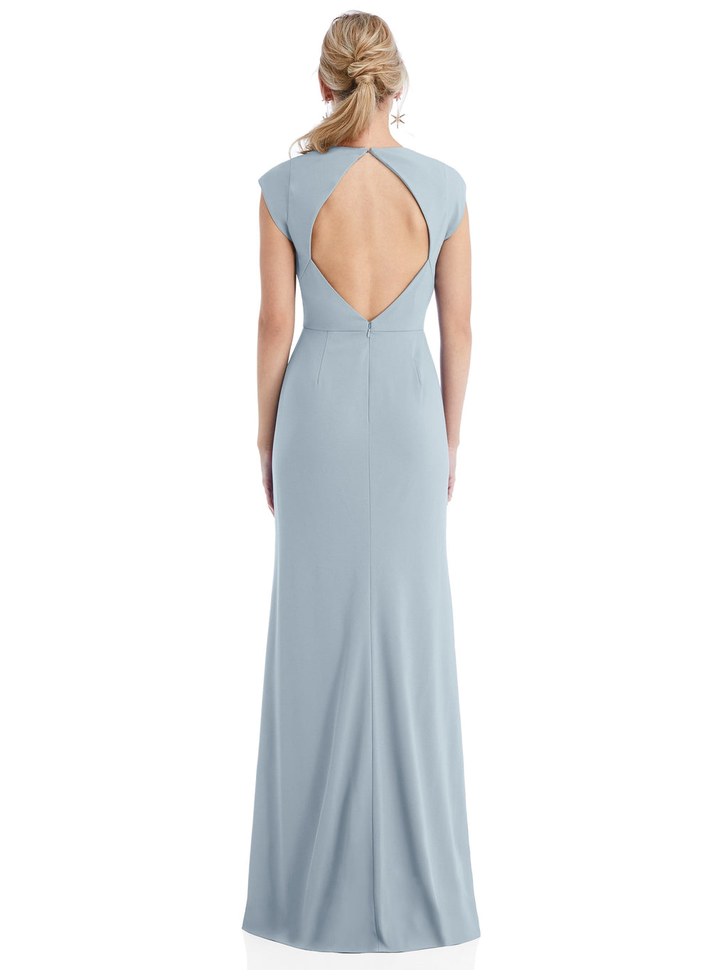 Cap Sleeve Open-Back Trumpet Gown with Front Slit