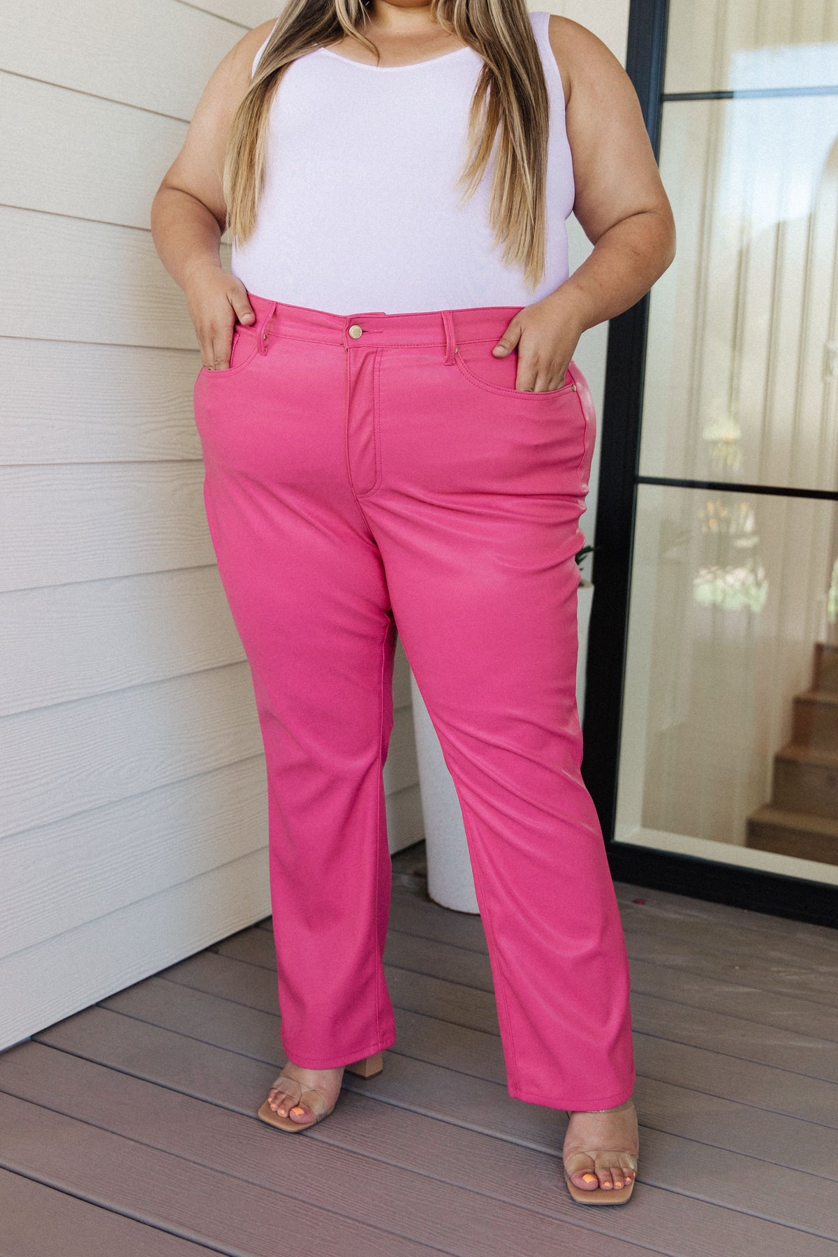 Hazel Blues® |  Tanya Control Top Faux Leather Pants in Hot Pink