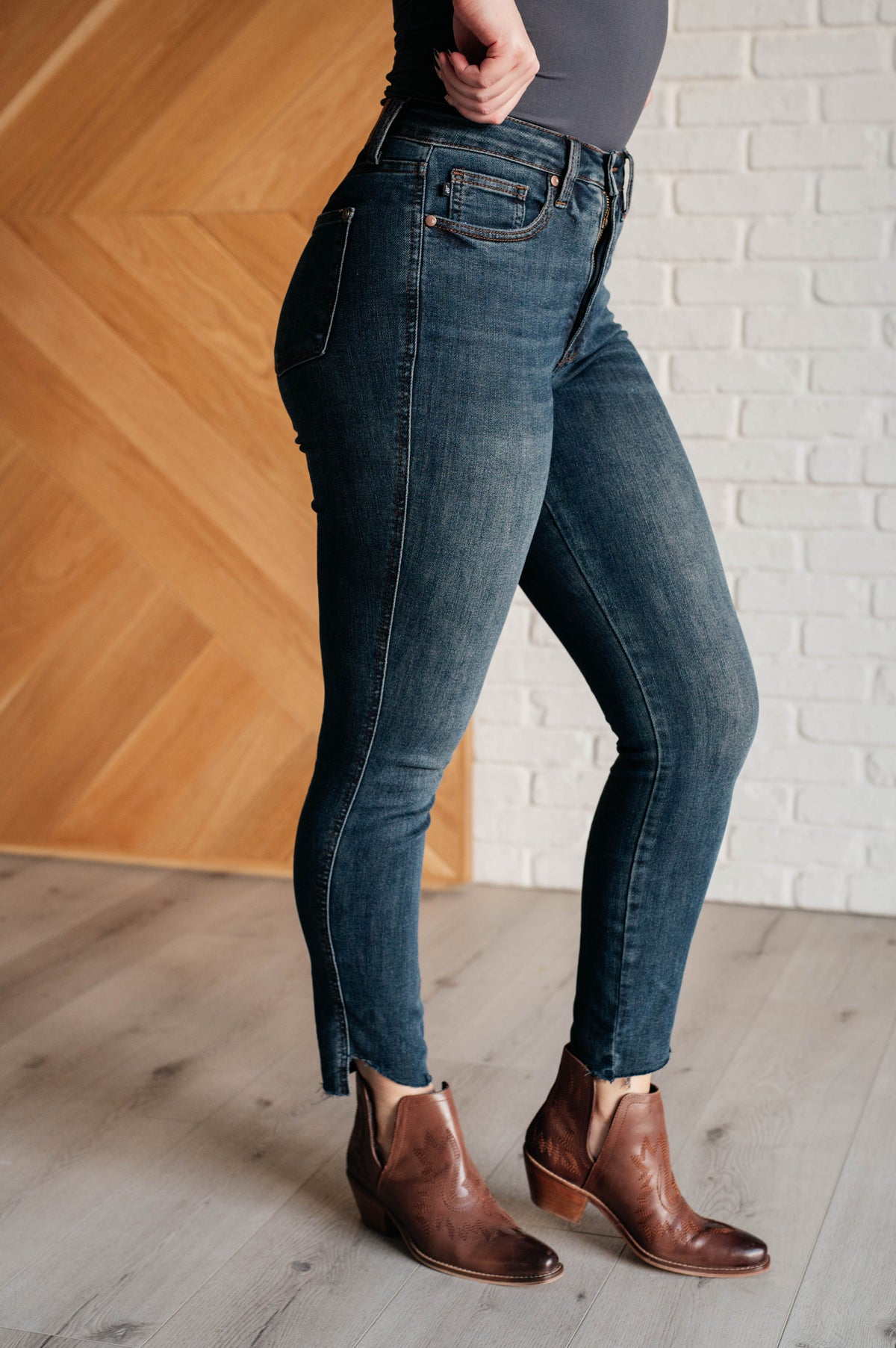 Hazel Blues® |  Tessa High Rise Control Top Step Hem Skinny Jeans