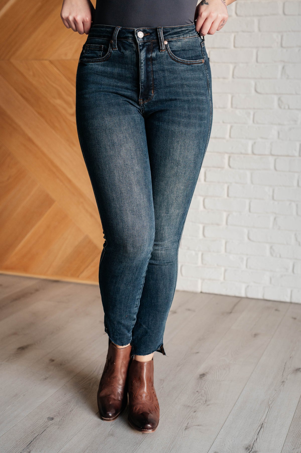 Hazel Blues® |  Tessa High Rise Control Top Step Hem Skinny Jeans