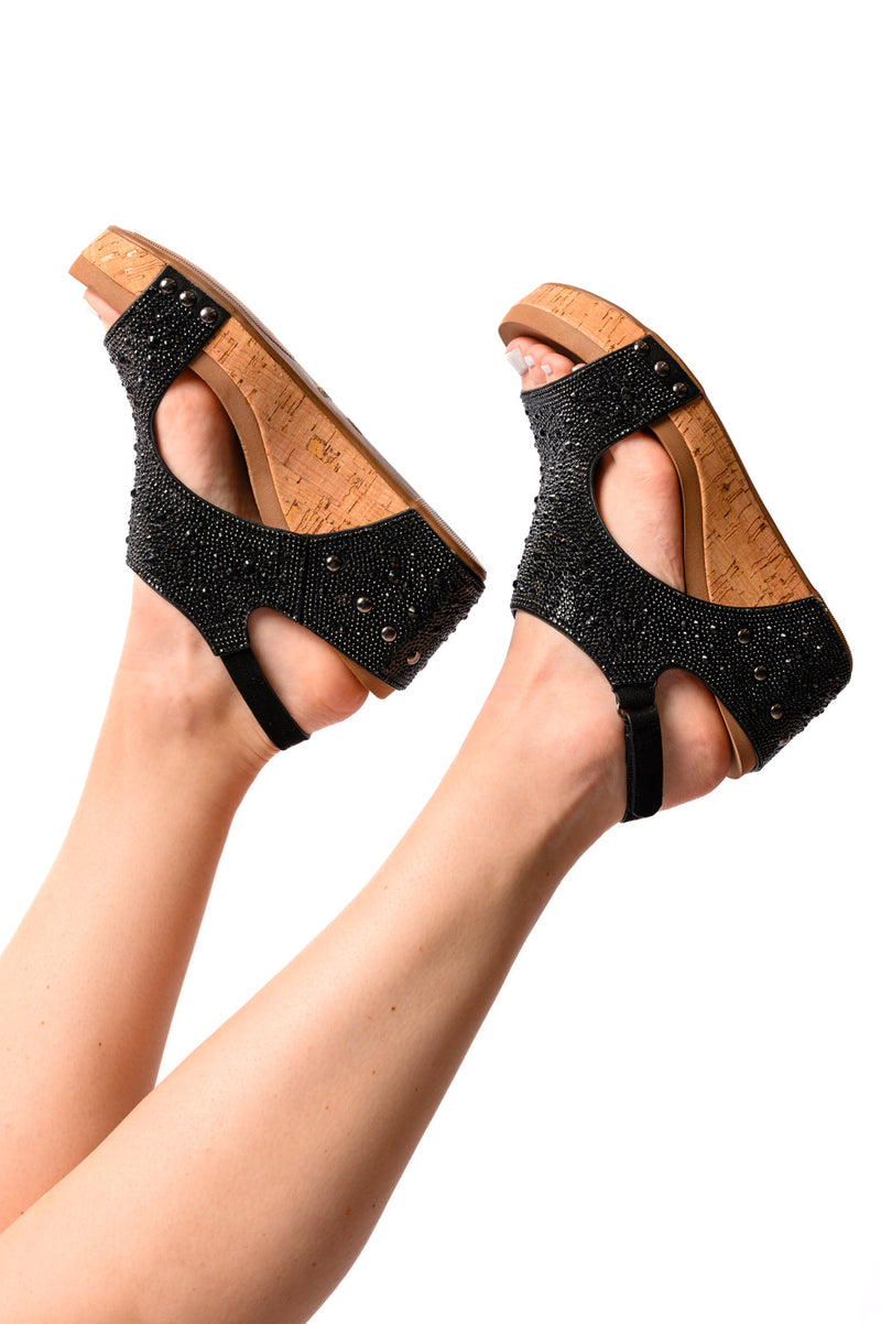 Hazel Blues® |  Ashley Wedge Sandals in Black Rhinestone