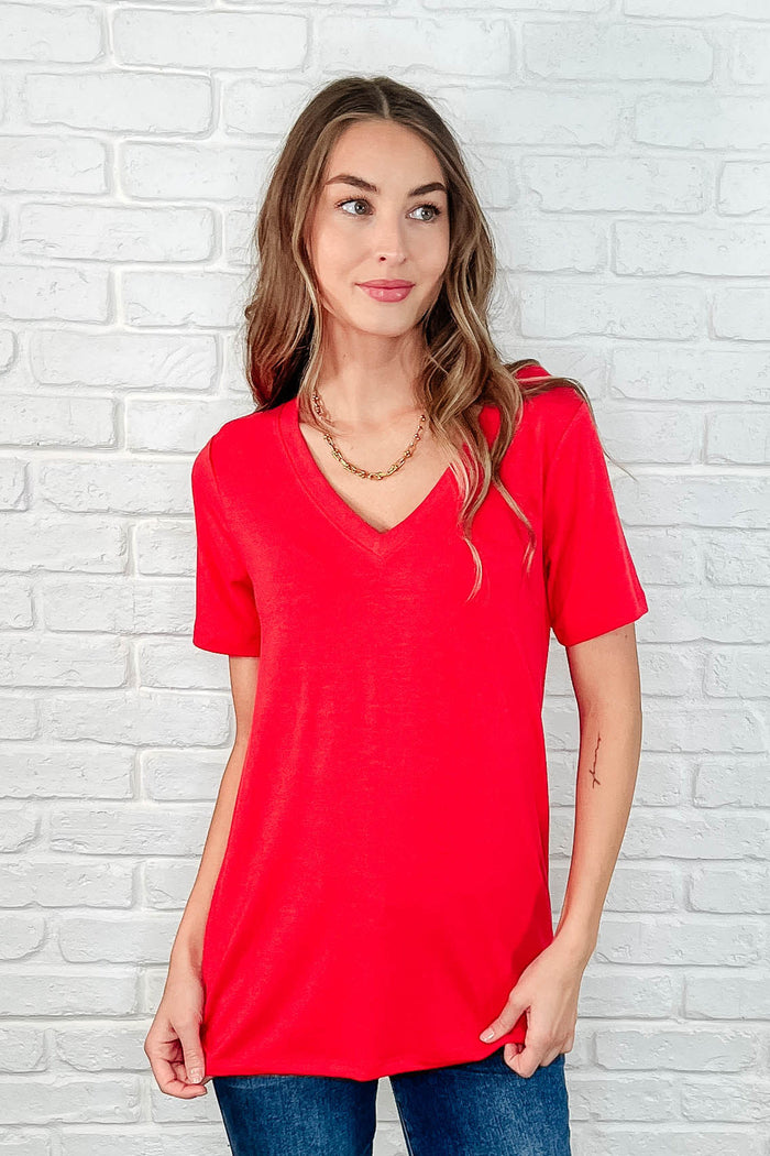 Hazel Blues® |  The Every Outfit Basic V-Neck Top in  Ruby