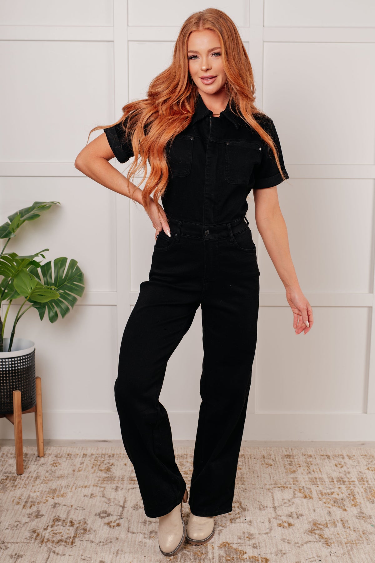 Hazel Blues® |  Tilda Short Sleeve Control Top Denim Jumpsuit