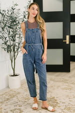 Hazel Blues® |  Too Cute to Compute Waist Tie Overalls in Dark Blue
