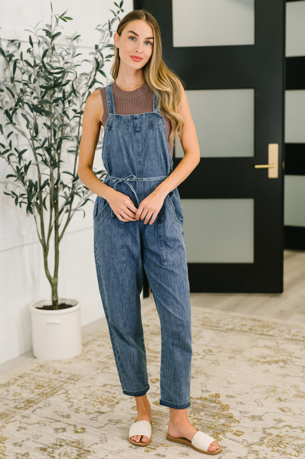 Hazel Blues® |  Too Cute to Compute Waist Tie Overalls in Dark Blue