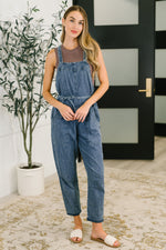 Hazel Blues® |  Too Cute to Compute Waist Tie Overalls in Dark Blue