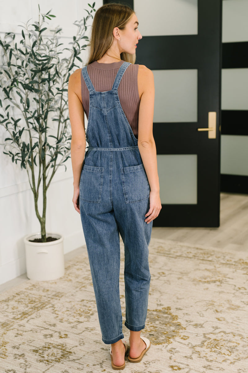 Hazel Blues® |  Too Cute to Compute Waist Tie Overalls in Dark Blue