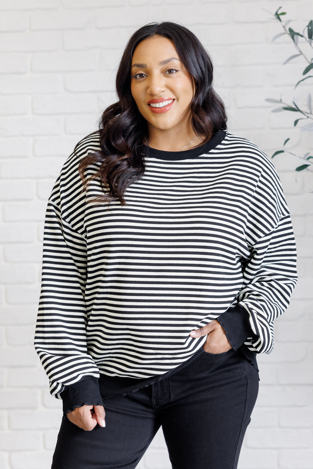 Hazel Blues® |  Too Good to Be True Striped Drop Shoulder Top in Black