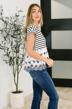 Hazel Blues® |  Too Sweet to Share Scalloped Hem Blouse in Ivory and Navy