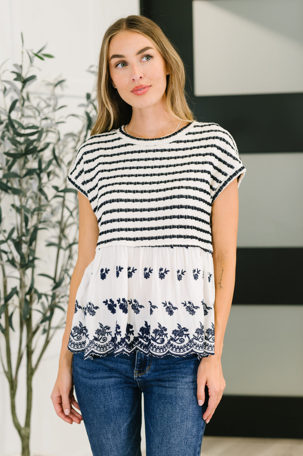 Hazel Blues® |  Too Sweet to Share Scalloped Hem Blouse in Ivory and Navy