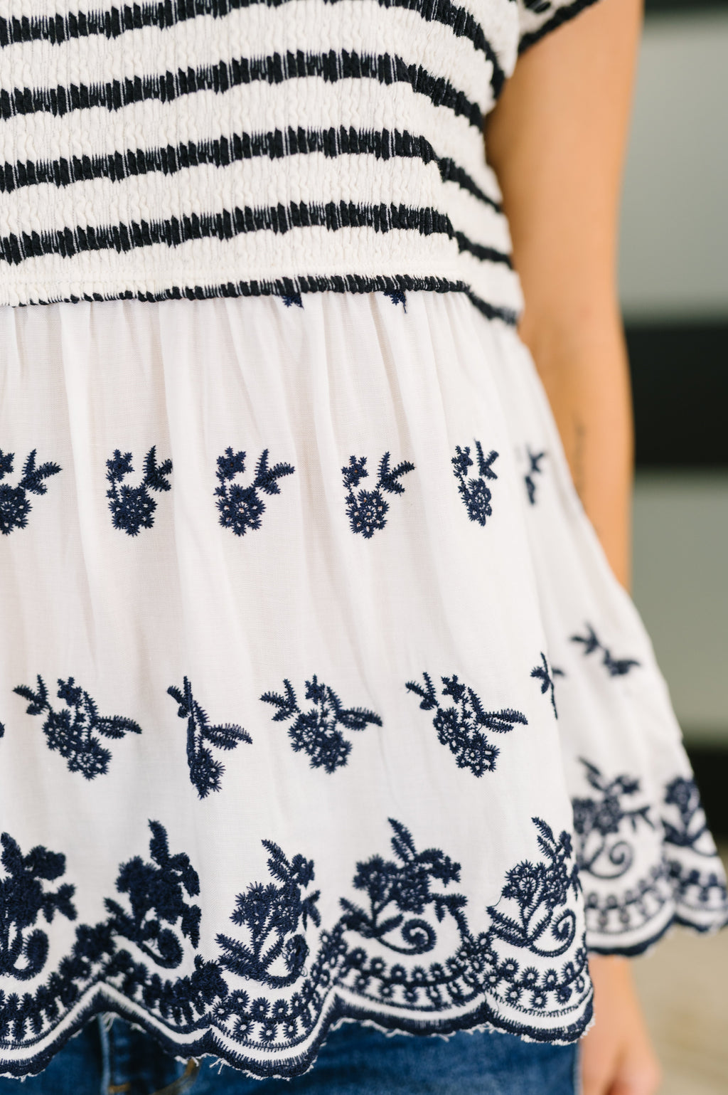 Hazel Blues® |  Too Sweet to Share Scalloped Hem Blouse in Ivory and Navy