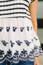 Hazel Blues® |  Too Sweet to Share Scalloped Hem Blouse in Ivory and Navy