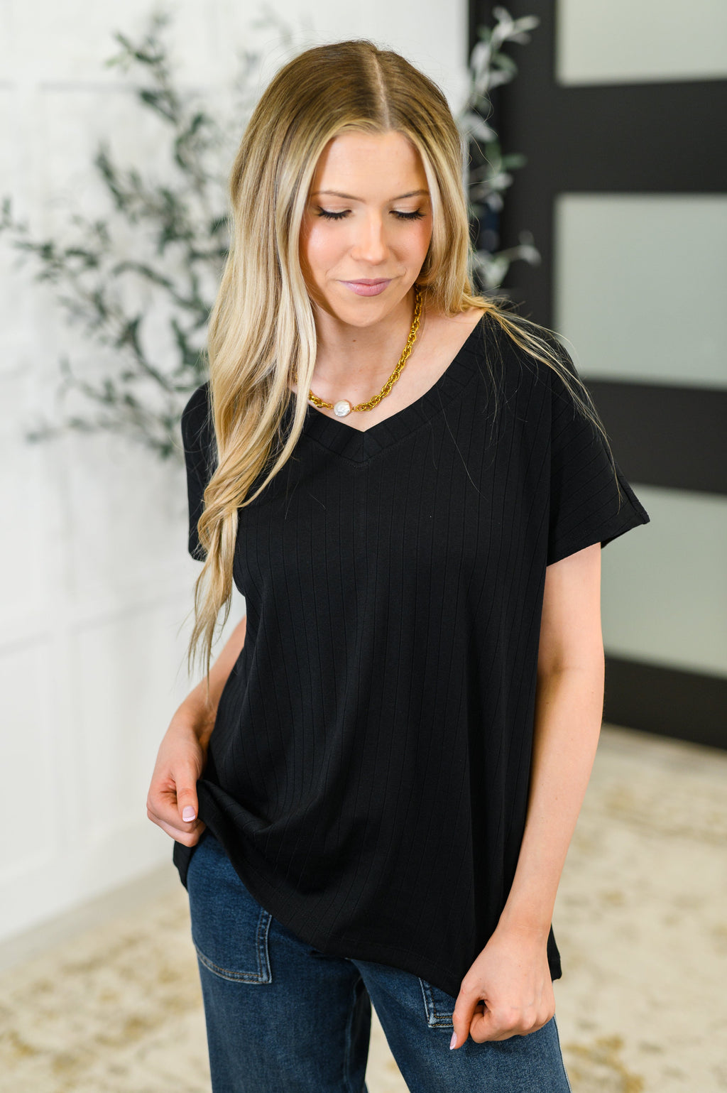 Hazel Blues® |  Top Shelf Basic V-Neck Ribbed Tee in Black