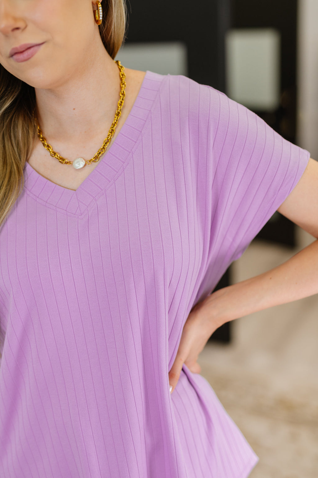 Hazel Blues® |  Top Shelf Basic V-Neck Ribbed Tee in Lavender