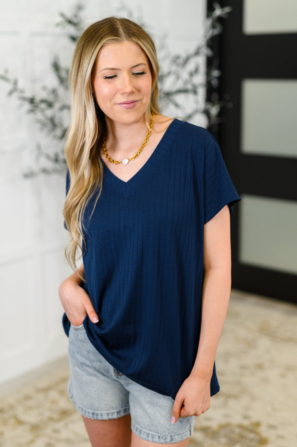 Hazel Blues® |  Top Shelf Basic V-Neck Ribbed Tee in Navy
