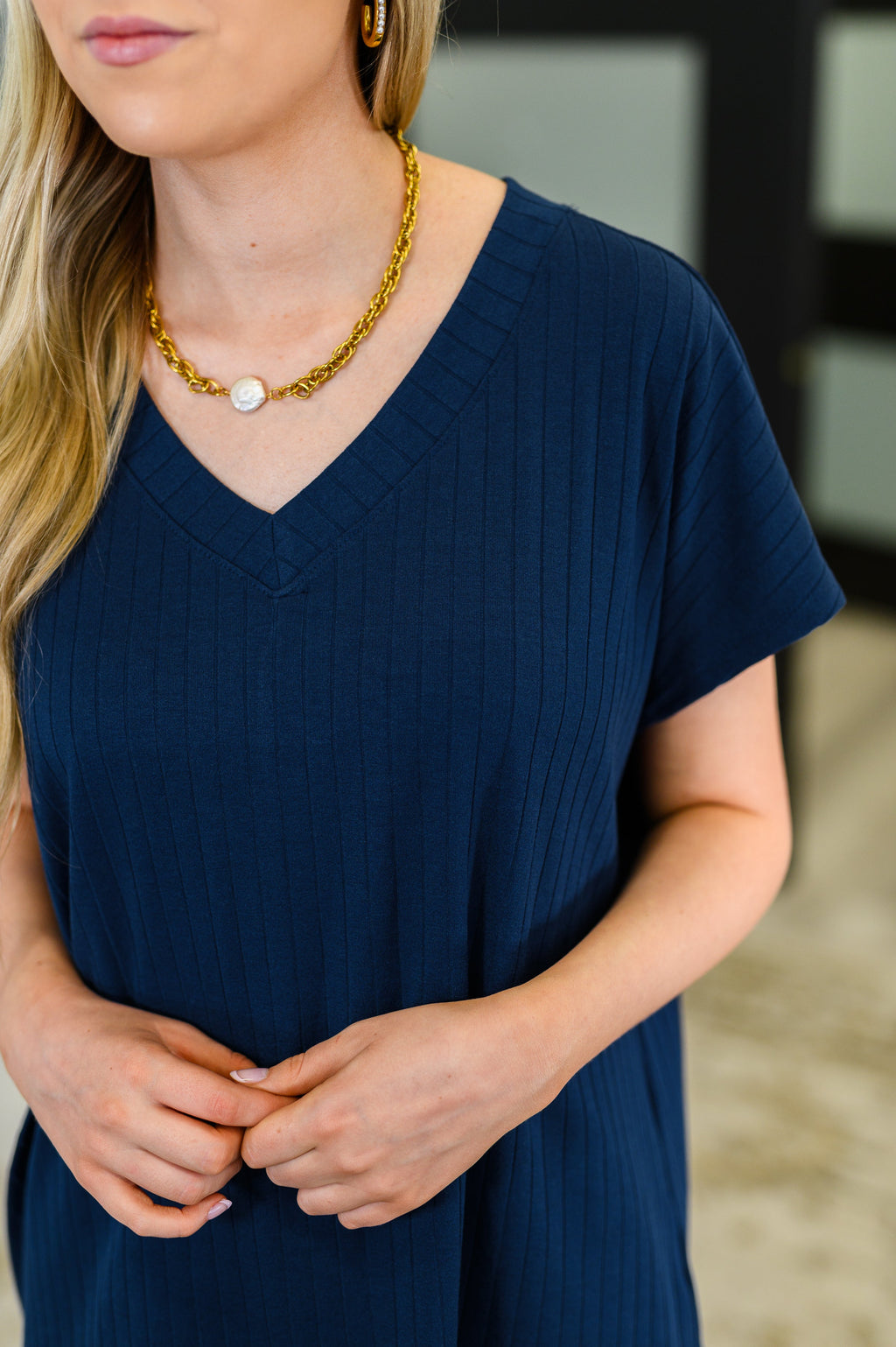 Hazel Blues® |  Top Shelf Basic V-Neck Ribbed Tee in Navy