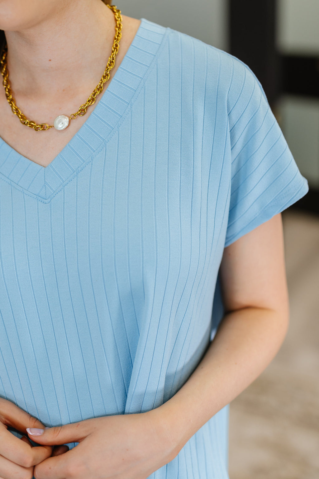 Hazel Blues® |  Top Shelf Basic V-Neck Ribbed Tee in Sky Blue