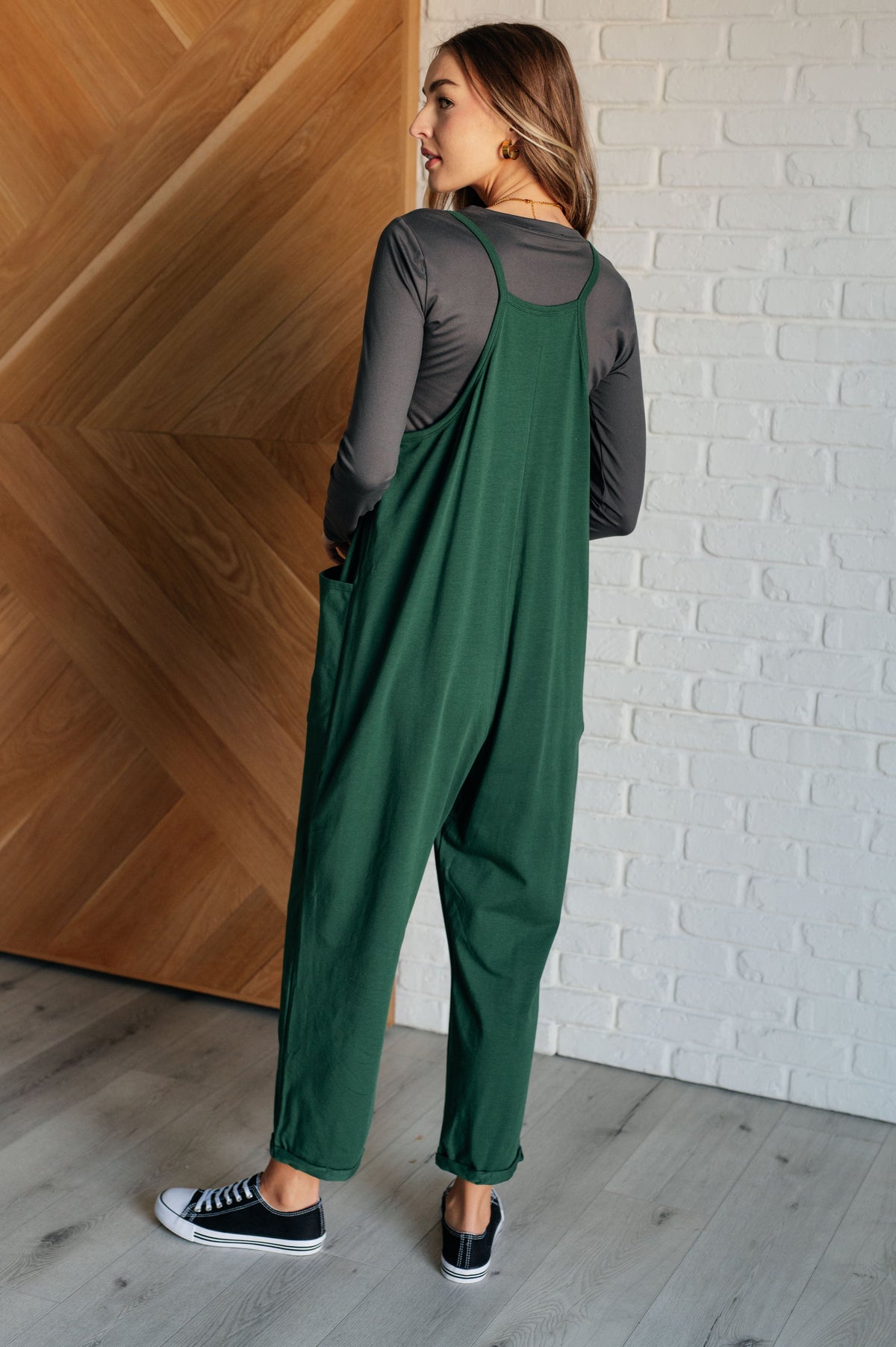 Hazel Blues® |  Totally Me Spaghetti Strap Jumpsuit in Dark Green