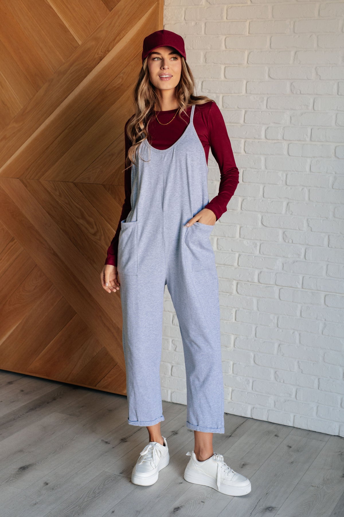 Hazel Blues® |  Totally Me Spaghetti Strap Jumpsuit in Heather Grey