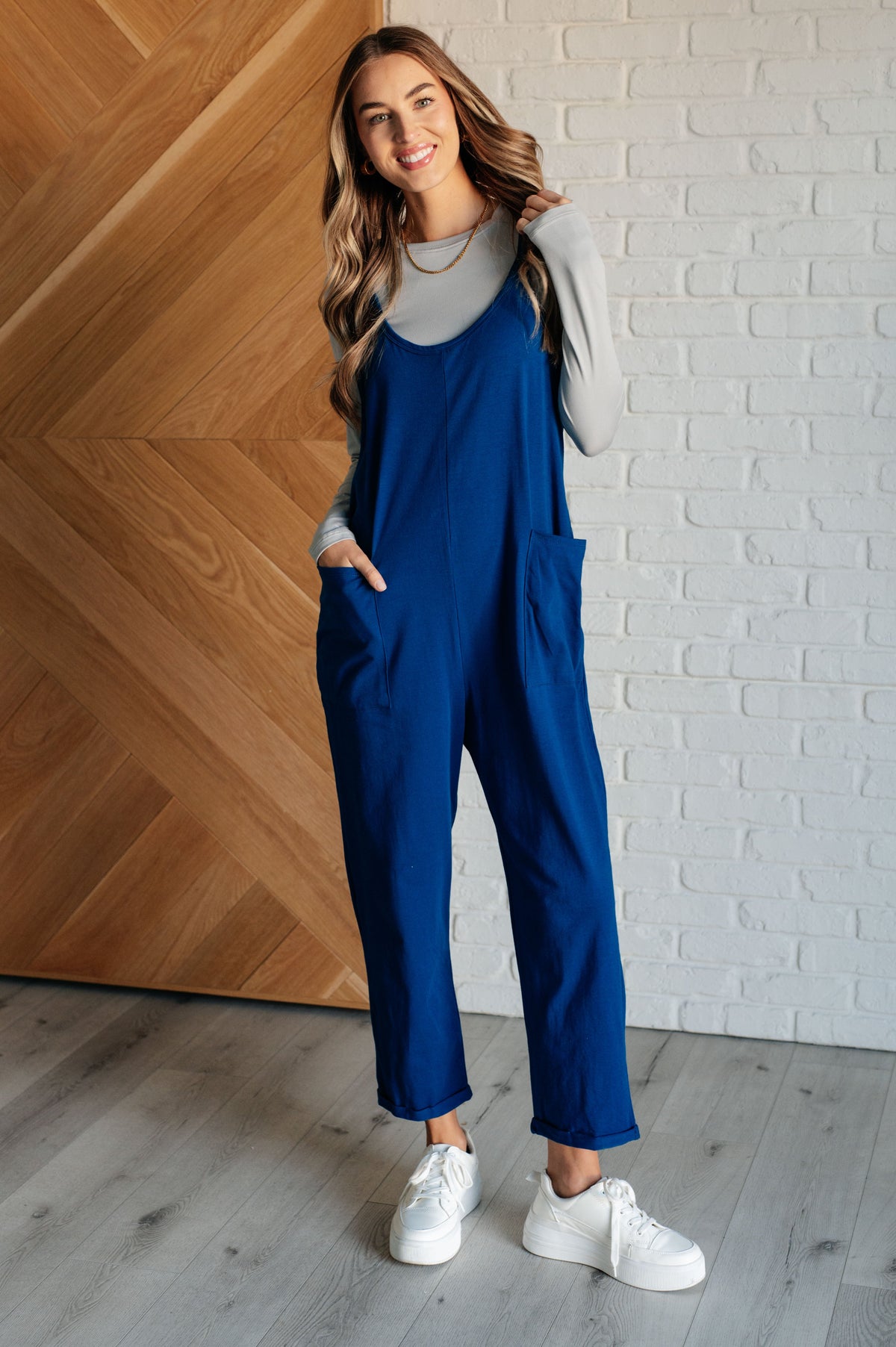 Hazel Blues® |  Totally Me Spaghetti Strap Jumpsuit in Light Navy