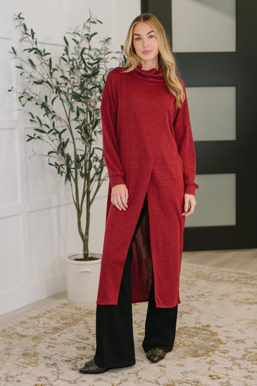 Hazel Blues® |  Travel City Scape Turtle Neck Tunic in Wine