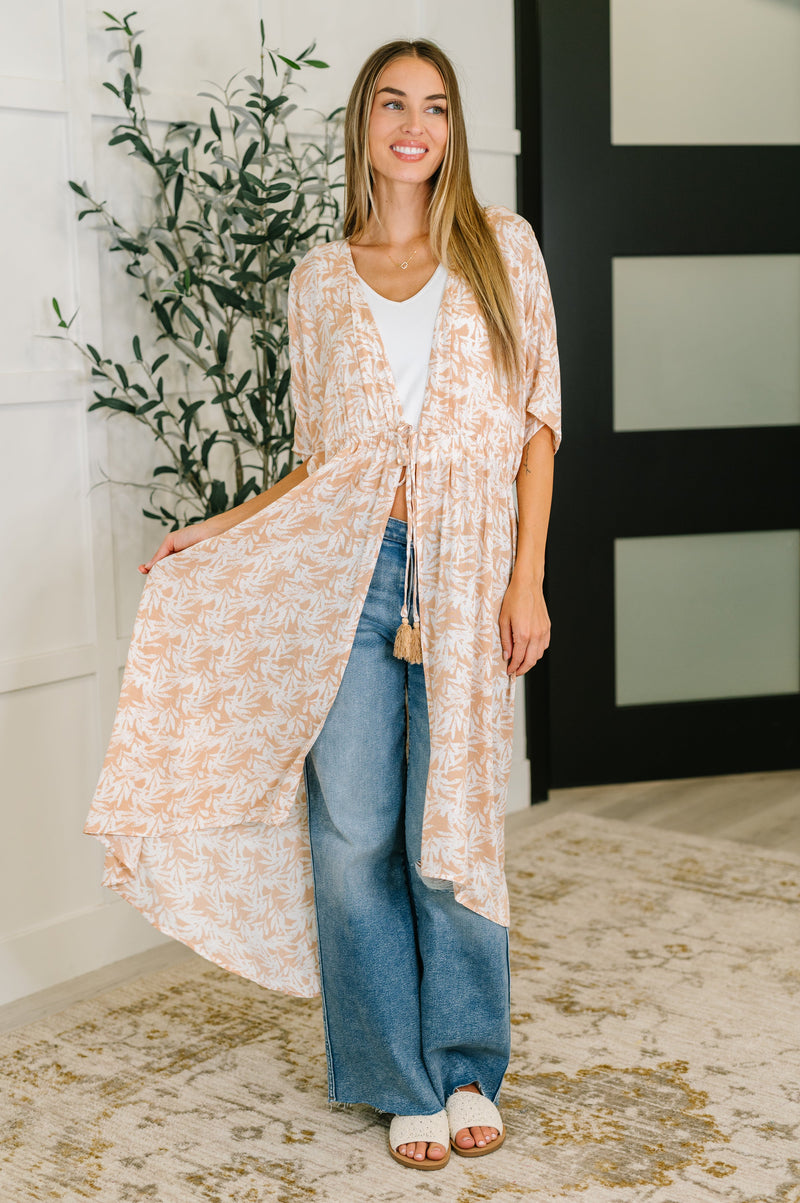 Hazel Blues® |  Tropical Print Gauze Kimono with Elastic Waist Tie in Milk Tea