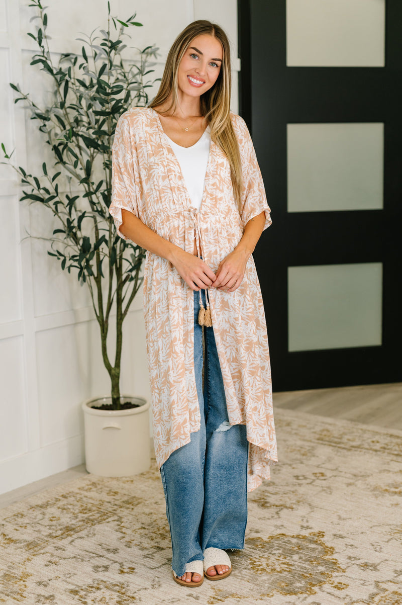 Hazel Blues® |  Tropical Print Gauze Kimono with Elastic Waist Tie in Milk Tea