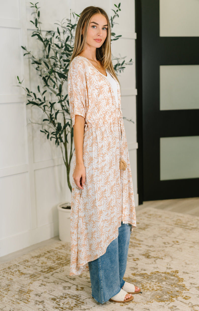 Hazel Blues® |  Tropical Print Gauze Kimono with Elastic Waist Tie in Milk Tea