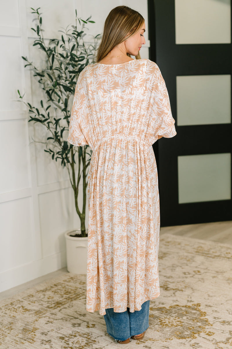 Hazel Blues® |  Tropical Print Gauze Kimono with Elastic Waist Tie in Milk Tea