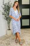 Hazel Blues® |  Tropical Print Gauze Kimono with Elastic Waist Tie in Periwinkle