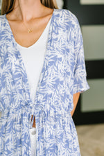 Hazel Blues® |  Tropical Print Gauze Kimono with Elastic Waist Tie in Periwinkle