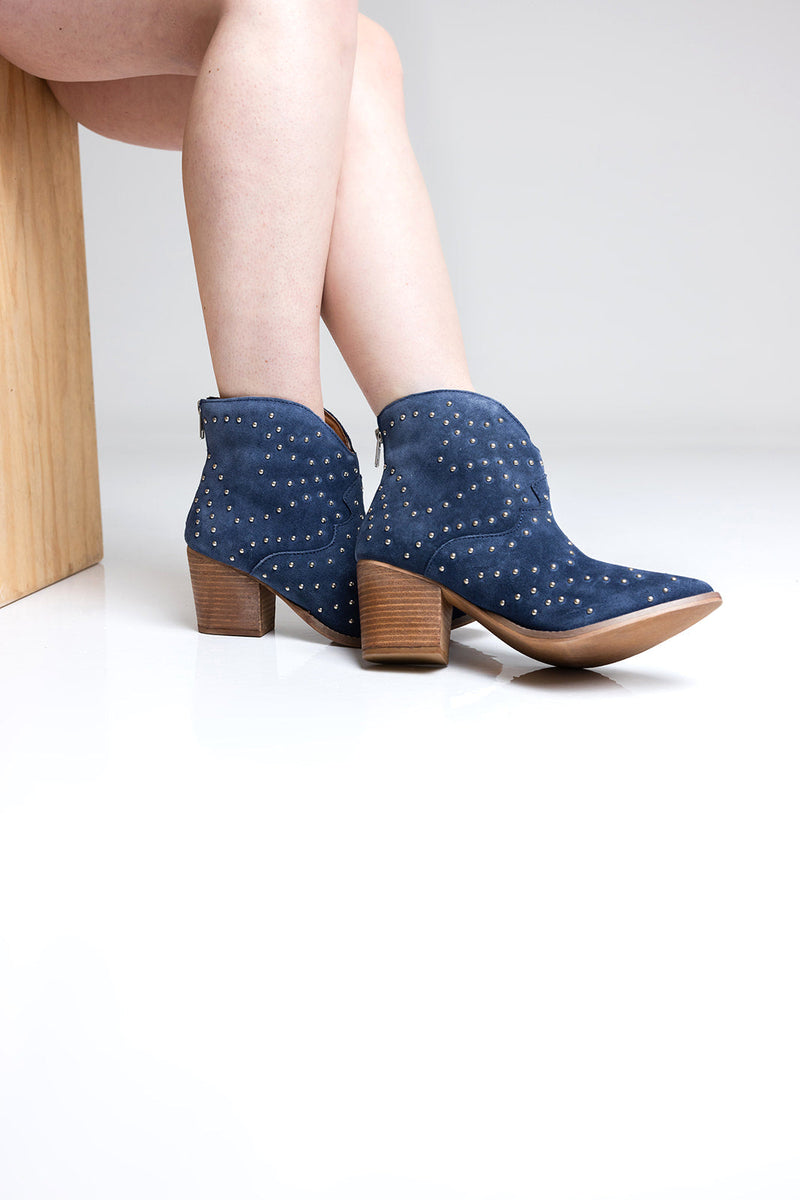 Hazel Blues® |  Twilight Studded Heeled Ankle Boot in Denim