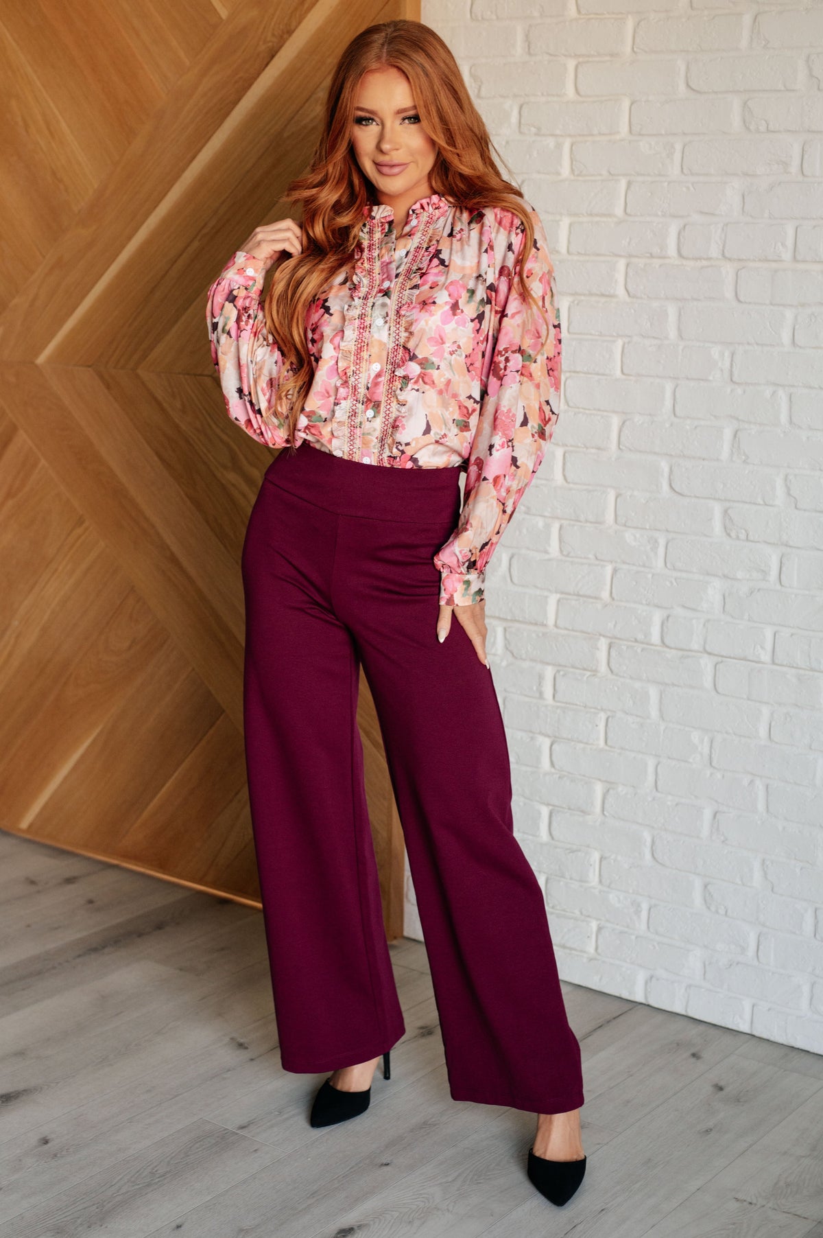 Hazel Blues® |  Magic Wide Leg Pants in Wine