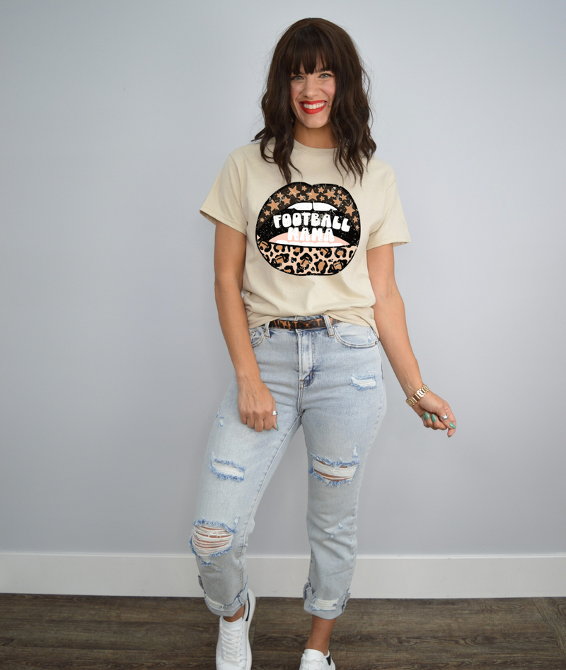 Hazel Blues® |  Football Mama Leopard Lips Tee