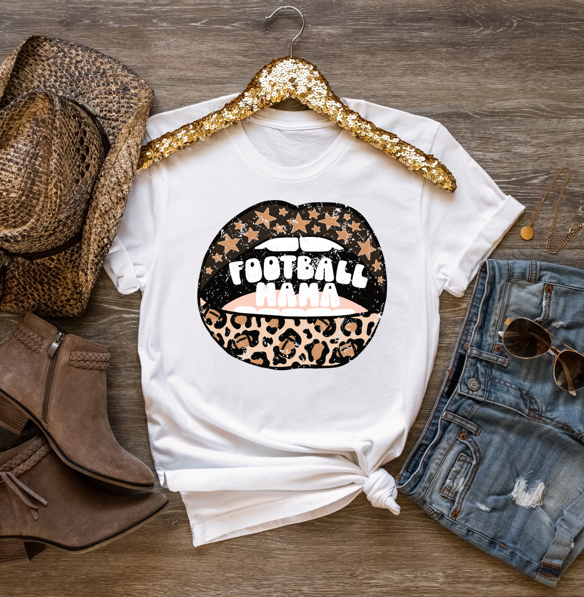 Hazel Blues® |  Football Mama Leopard Lips Tee